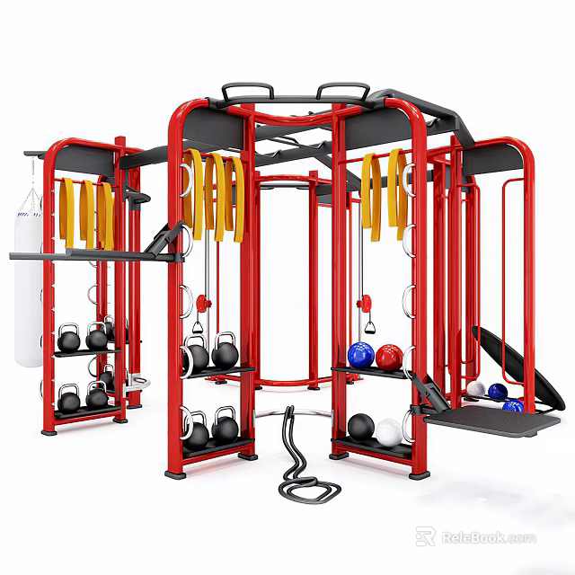 Multi Functional Red Sports Equipment With Yellow Resistance Bands Dumbbells Medicine Balls For Full Body 3d model 