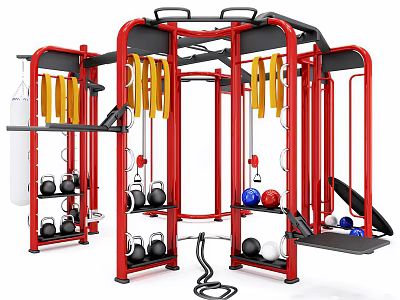 Multi Functional Red Sports Equipment With Yellow Resistance Bands Dumbbells Medicine Balls For Full Body 3d model