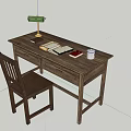 Wooden Desk And Chair with Table Lamp White Cup Books Notebook in Grass At Night