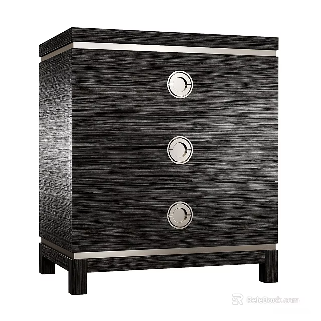 Modern Dark Wood Grain Nightstand With Three Drawers And Metal Round Knobs 3d model 