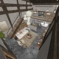 Modern Loft Apartment Interior With Wooden Stairs Sofa Pendant Lights And Bathtub