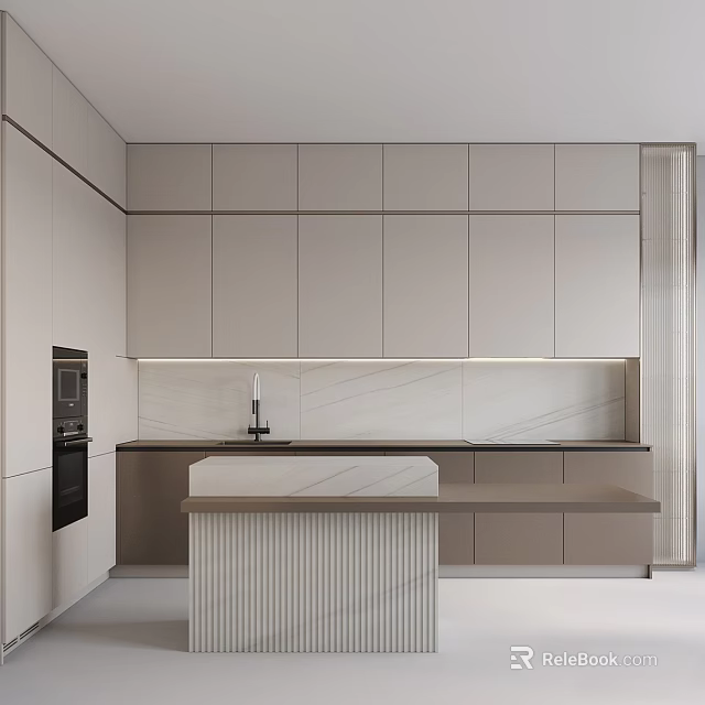 Stylish Cabinets In Modern Kitchen With Marble Countertop Island And Under Cabinet Lighting 3d model 