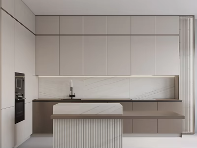 Stylish Cabinets In Modern Kitchen With Marble Countertop Island And Under Cabinet Lighting 3d model