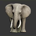 Light Gray Elephant Sculpture Featuring Long Ivory Tusks Standing On Dark Background With Reflection