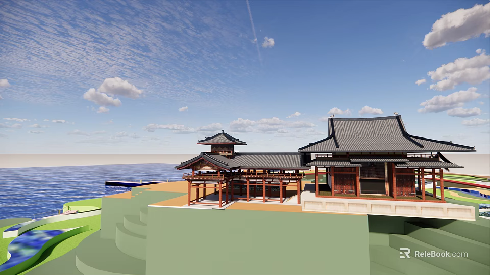 Park Landscape With Chinese Style Pavilions Waterfront Blue Sky And White Clouds 3d model 