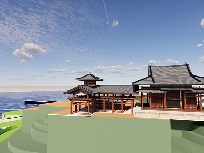 Park Landscape With Chinese Style Pavilions Waterfront Blue Sky And White Clouds 3d model