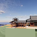 Park Landscape With Chinese Style Pavilions Waterfront Blue Sky And White Clouds