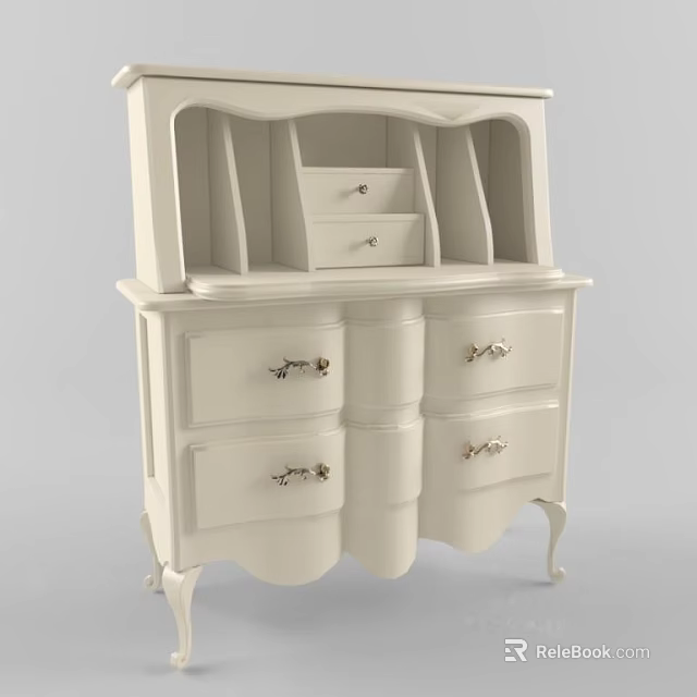 Elegant White Entryway Side Cabinet With Drawers Curved Legs And Carved Details 3d model 