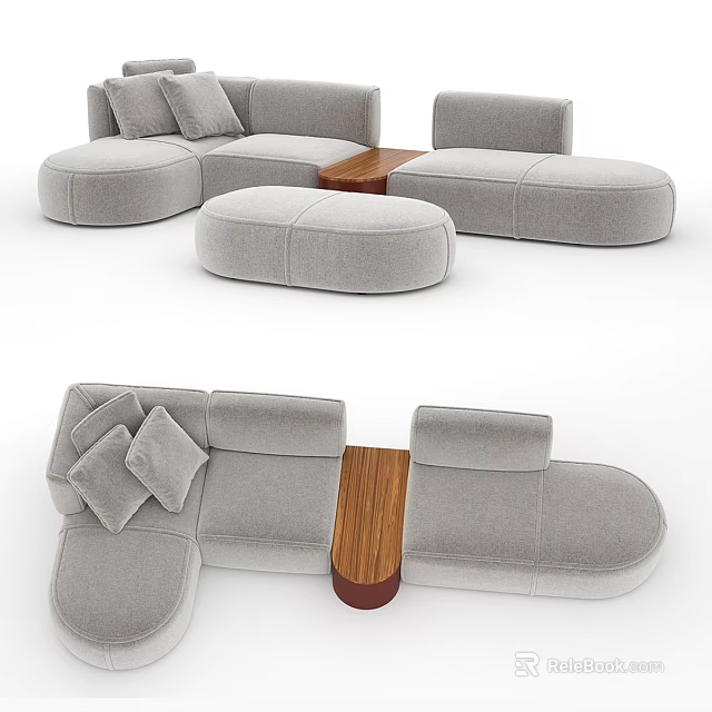 Modern Gray Casual Sofa Set With Ottoman Wooden Table And Plush Cushions 3d model 