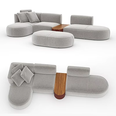Modern Gray Casual Sofa Set With Ottoman Wooden Table And Plush Cushions 3d model