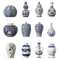 Blue and White Ceramic Vessels With Traditional Patterns And Various Decorative Shapes
