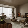 Modern Dining and Living Room Interior with Wooden Cabinets Round Table and Pendant Light