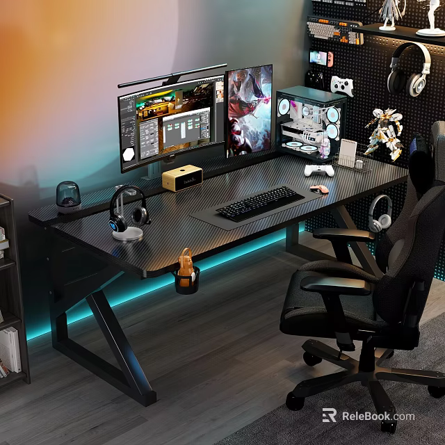 Functional Gaming Desk with Computer Monitor Keyboard Headphones and Blue LED Lights 3d model 