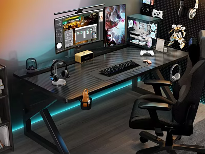 Functional Gaming Desk with Computer Monitor Keyboard Headphones and Blue LED Lights 3d model