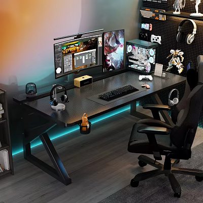 Functional Gaming Desk with Computer Monitor Keyboard Headphones and Blue LED Lights 3d model