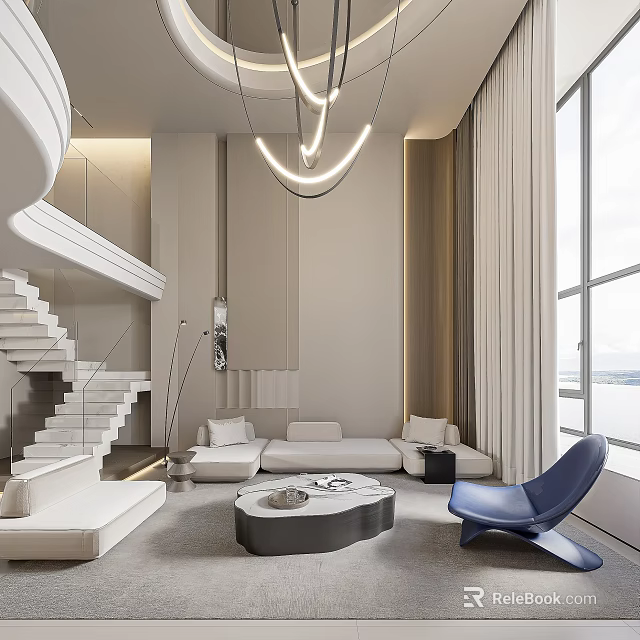 Modern Duplex Living Room with Staircase White Sofa Round Coffee Table Blue Chair Windows Chandelier 3d model 