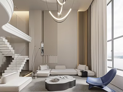 Modern Duplex Living Room with Staircase White Sofa Round Coffee Table Blue Chair Windows Chandelier 3d model