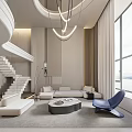 Modern Duplex Living Room with Staircase White Sofa Round Coffee Table Blue Chair Windows Chandelier