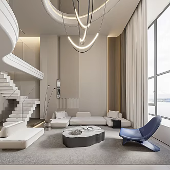 Cream style villa living room duplex living room pick empty living room 3d model