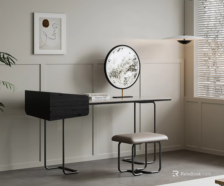 Modern Black Dressing Table With Round Mirror Beige Stool White Wall Decorative Painting Pendant Light 3d model 