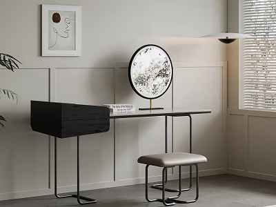 Modern Black Dressing Table With Round Mirror Beige Stool White Wall Decorative Painting Pendant Light 3d model