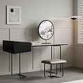Modern Black Dressing Table With Round Mirror Beige Stool White Wall Decorative Painting Pendant Light