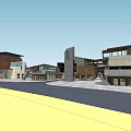 Modern Commercial Street With Glass Facade Stone Walls And Plaza Entrance Area