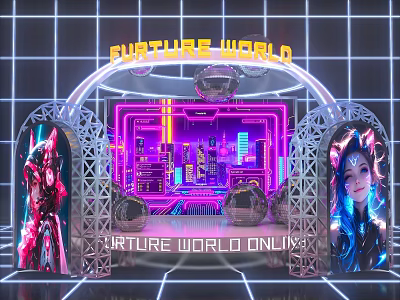 Futuristic Stage Design with Neon Lights Future Cityscape and Decorative Figures 3d model