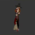 Red Haired Witch In Black Pointed Hat And Red Black Outfit Holding Broomstick