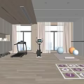 Modern Recreation Room Interior With Treadmill Exercise Balls Numbered Yoga Mat And Dumbbells