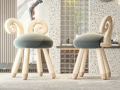 Cute Kids Chair With Spiral Backrest Gray Padded Seat And Wooden Legs 3d model