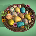 Bird Nest With Colorful Decorated Eggs Surrounded By Flowers And Green Leaves