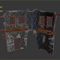 Damaged Architectural Structure Featuring Red Brick Walls Black Patterned Wallpaper And Wooden Details