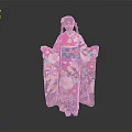 Woman Wearing Colorful Kimono With Floral Patterns Standing Against Gray Background