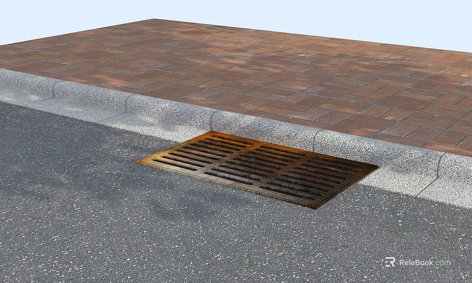 Road Infrastructure Featuring Drainage Grating And Brick Paving With Concrete Curb 3d model 