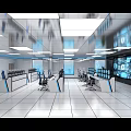 Modern Technical Control Room With Multiple Display Screens Workstations And Office Chairs 3d model