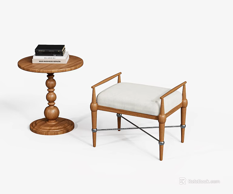 Wooden Armrest Stool With Light Fabric Upholstered Seat And Round Wooden Side Table With Books 3d model 