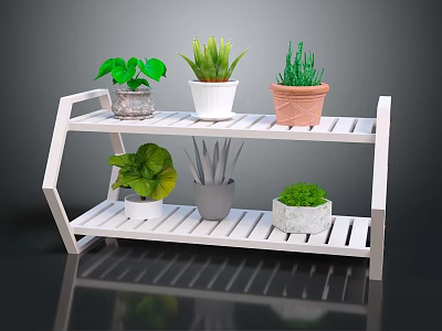 Stylish Two Tiered White Wooden Shelf With Potted Green Plants And Colored Pots 3d model