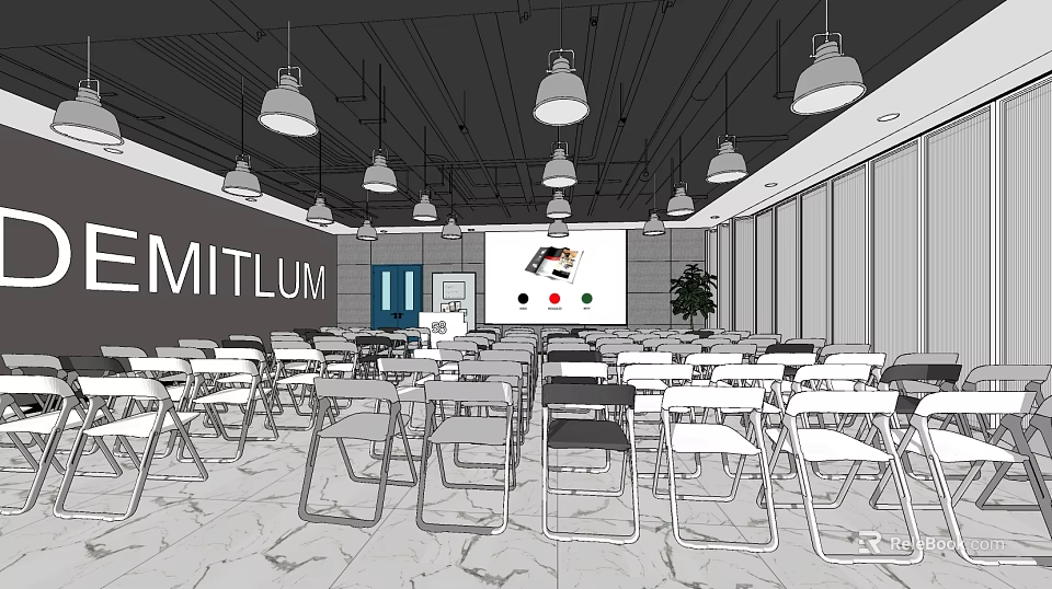 Modern Meeting Room Interior With Folding Chairs Projection Screen Hanging Lamps And Potted Plant 3d model 