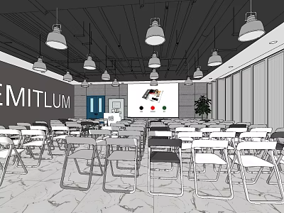 Modern Meeting Room Interior With Folding Chairs Projection Screen Hanging Lamps And Potted Plant 3d model