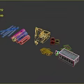 Orange Excavator as Functional Vehicle with Wooden Planks Pipes Bricks and Small Building Structure