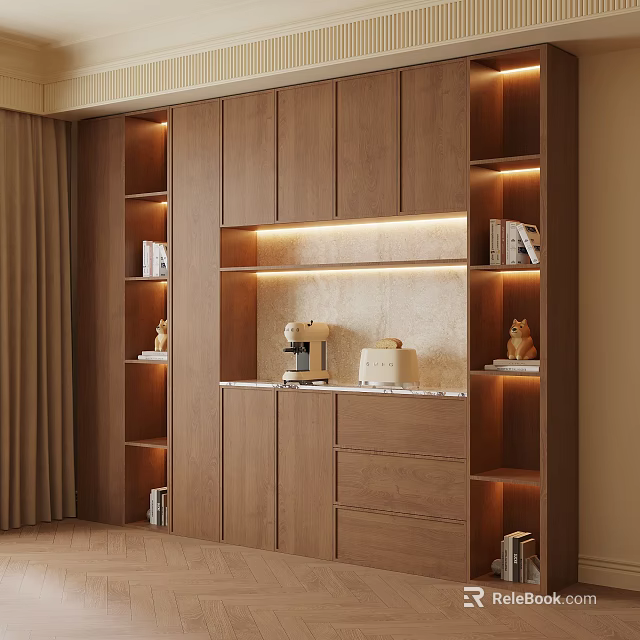 Modern Wooden Sideboard With Open Shelves LED Lighting Books And Drawers 3d model 
