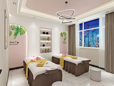 Serene SPA Sauna Interior with Massage Beds Green Leaf Decor and City Night View 3d model