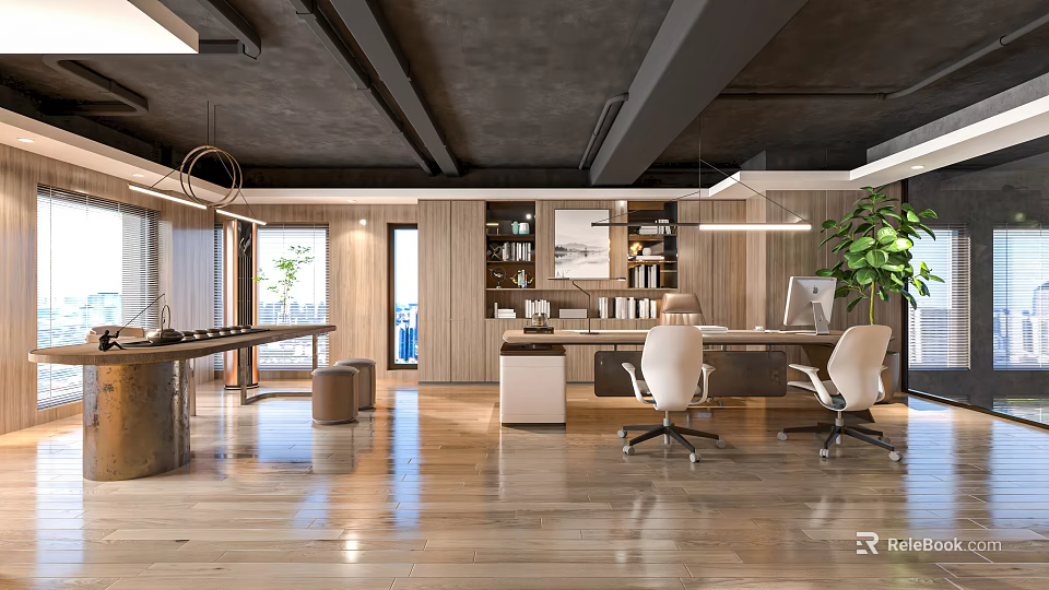 Modern Office Interior with Wooden Floors Open Space Desk White Chairs Bookshelves and Green Plant 3d model 
