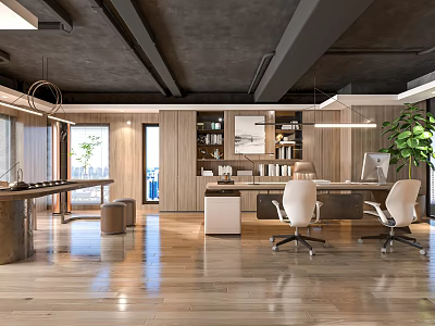 Modern Office Interior with Wooden Floors Open Space Desk White Chairs Bookshelves and Green Plant 3d model