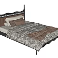 Single Bed with Black Carved Headboard Orange Accent Pillows Patterned Quilt and Brown Throw 3d model