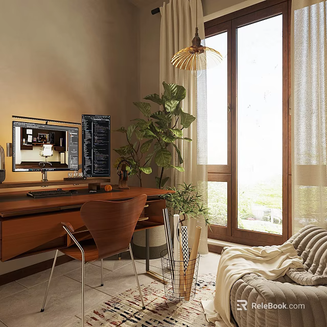 Modern Study Room With Wooden Desk Chair Computer Monitor Large Green Plant Sofa And Blanket 3d model 