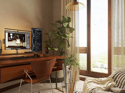 Modern Study Room With Wooden Desk Chair Computer Monitor Large Green Plant Sofa And Blanket 3d model