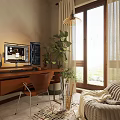 Modern Study Room With Wooden Desk Chair Computer Monitor Large Green Plant Sofa And Blanket