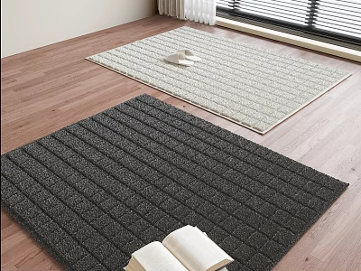 Square Rugs With Striped Texture Dark Light Gray On Wooden Floor With Open Book Slippers 3d model